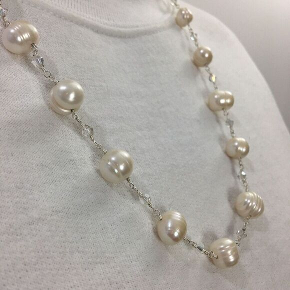 Baroque Pearl Necklace White Pearls AB Glass Beads Silver Tone Rosary Link 23in - Picture 6 of 10
